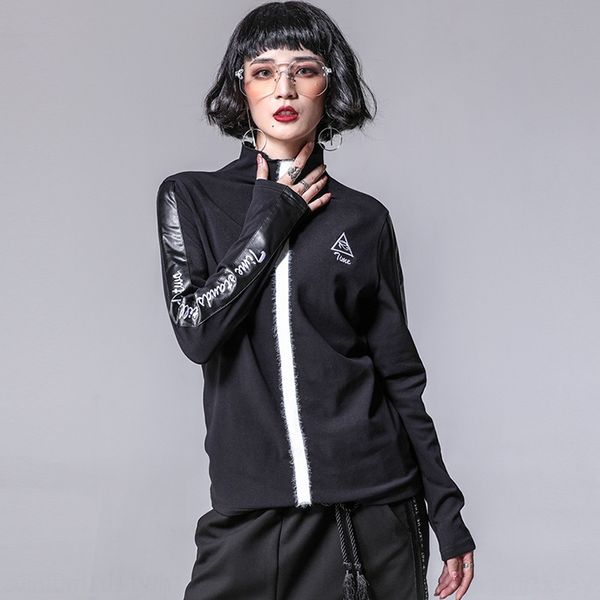

autumn and winter new style women's t-shirt stitching coat t-shirt pu embroidery half high collar showing thinversatile elastic bottomi, White