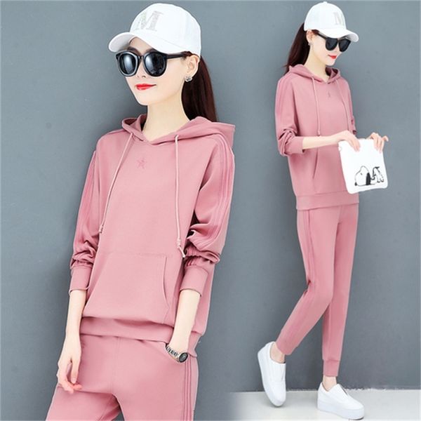 

korean spring woman's sweater plus size suits and outfits with hood [pants female training set] h9b7, White