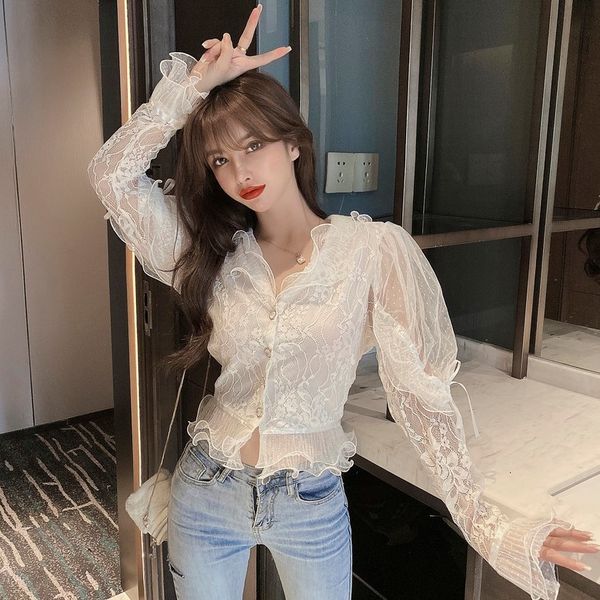 

2020 autumn new temperament wooden ear edge perspective lace slim fit mesh long sleeve western style shirt women's wear