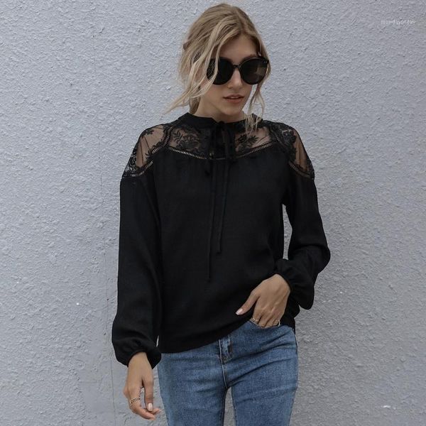 

women long sleeve blouse see through lace shoulder round neck pullover shirt1, White
