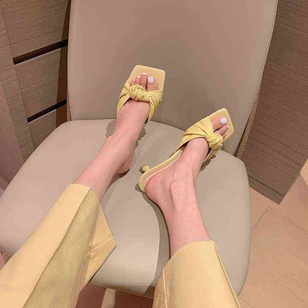

soft face sheepskin square head high heels women's elegant pleated bow thin heel semi slippers women's summer sandals, Black