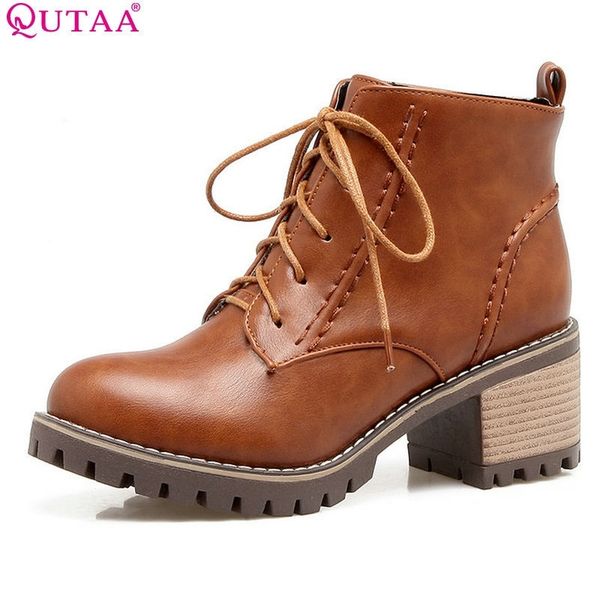 

qutaa women ankle boots fashion solid black square high heel round toe lace up western style women boots size 33-43 t200425