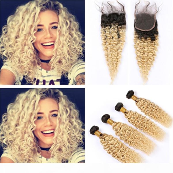 

#1b 613 ombre bundles and closure wet and wavy human hair weaves 4bundles with lace closure blonde ombre water wave brazilian virgin hair, Black;brown