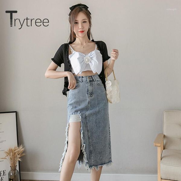 

trytree summer women casual cowboy skirt tassel split hem a-line gift belt fashion fashion elegant mid-calf office lady skirt1, Black