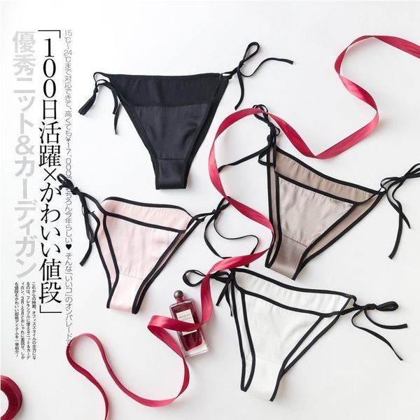 

women's panties oriental silk women thongs solid smooth natural mulberry g-string t-back lace-up seamless lacing woman underwear short1, Black;pink