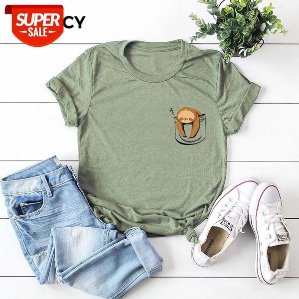 

jfuncy cute sloth pocket print plus size women tee 100% cotton summer t-shirt woman loose shirts kawaii casual mujer tshirt #iv8g, White