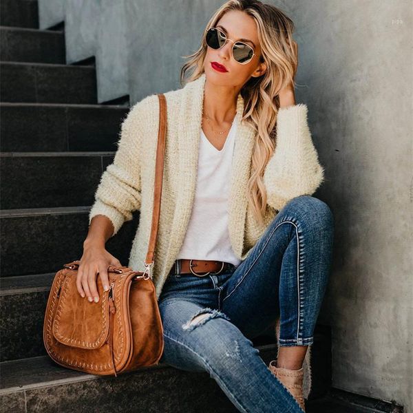 

2018 women cardigan coat long sleeve casual jacket turn-down collar pocket split knitted tunic femme autumn winter outwear1, Black;brown