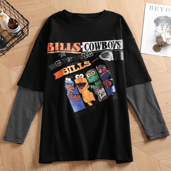 

2020 autumn new korean version of student long sleeve t-shirtwomen spring and autumn cotton loose stripe t-shirt clothingclothing stitching, White