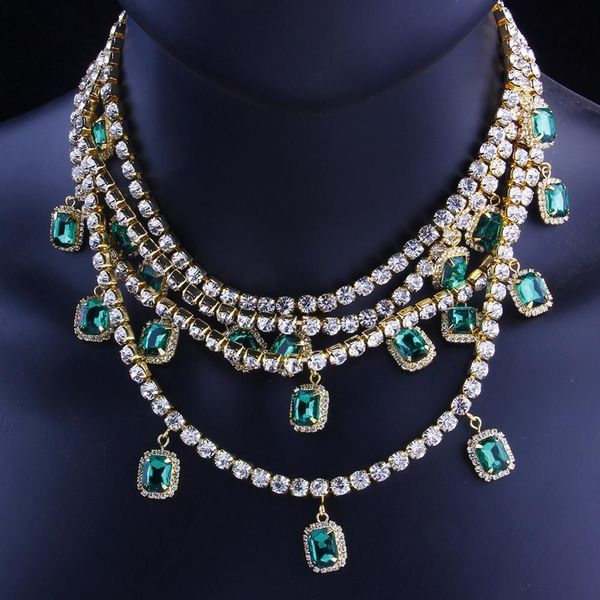 

luxury big green pendant rhinestone multi layer choker vintage for women hiphop crystal link chain necklace q1113, Silver