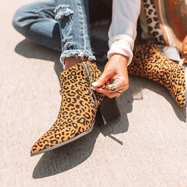 

boots pointed toe booties winter women leopard ankle zip footwear platform high heels wedges shoes woman bota feminina, Black