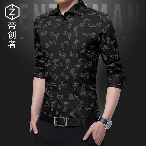 

men's casual shirt slim fit men's casual shirt long sleeve formal dress shirts men male clothing print, White;black