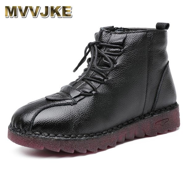 

mvvjke ladies casual shoes thick bottom lace up cow leather sneakers women round toe classic leather shoes, Black