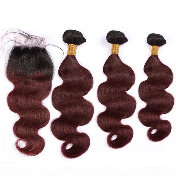 

wine red ombre malaysian human hair body wave 3bundles with closure 4pcs lot wavy ombre burgundy virgin hair lace closure 4x4 with weaves, Black;brown