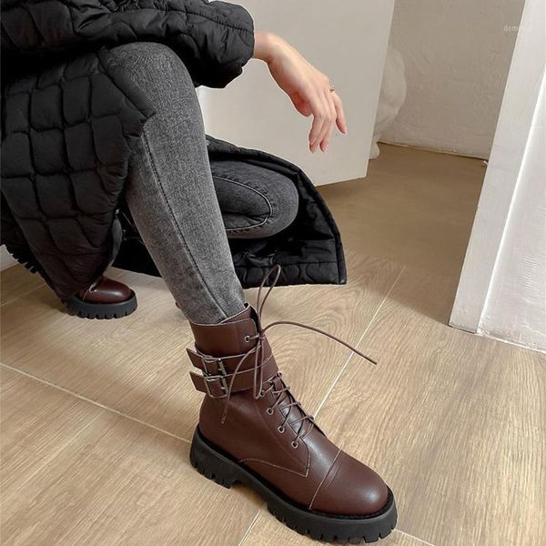 

bottes femme 2021 new winter boots women's shoes genuine leather buckle decorations round toe zip motorcycle boots mujer1, Black