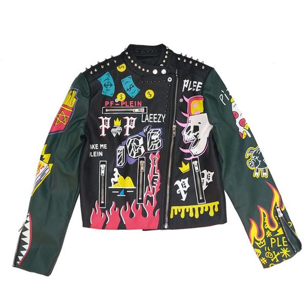 

women's leather & faux 2021 green color autumn spring graffiti studs women pu jacket punk style biker motorcyle jackets and coats carto, Black