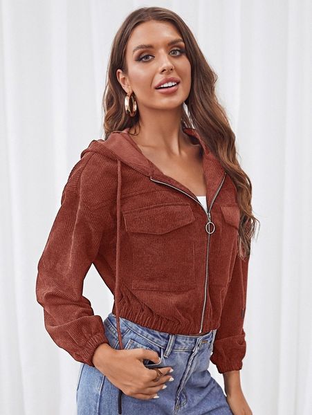 

solid hooded drawstring dual pocket zip up corduroy jacket e3ql#, Black;brown