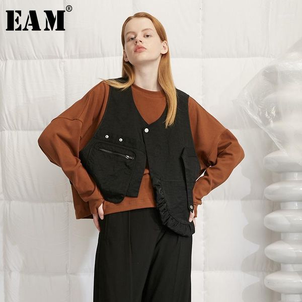 

eam] women black asymmetrical ruffles split joint loose fit vest new v-collar sleeveless fashion tide spring autumn 2019 1h6521, Black;white