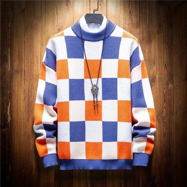 

men's sweaters 2021 autumn fashion colorblock sweater youth colorful square geometric color plaid, White;black