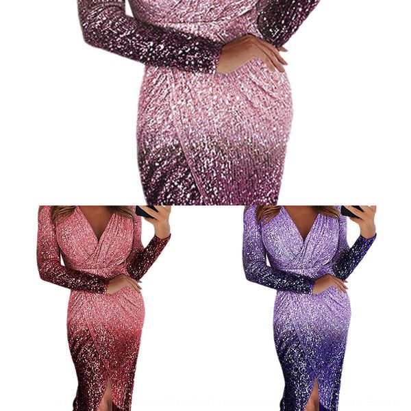 

2019 женский вечер dresslong юбка вечер dressdress длинный рукав градиент sequin ужин платье g54ar, Black;gray