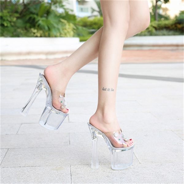 

2020 transparent women's rivets super high-18p model flip flops shoes see ladies'sandals 14ur, Black