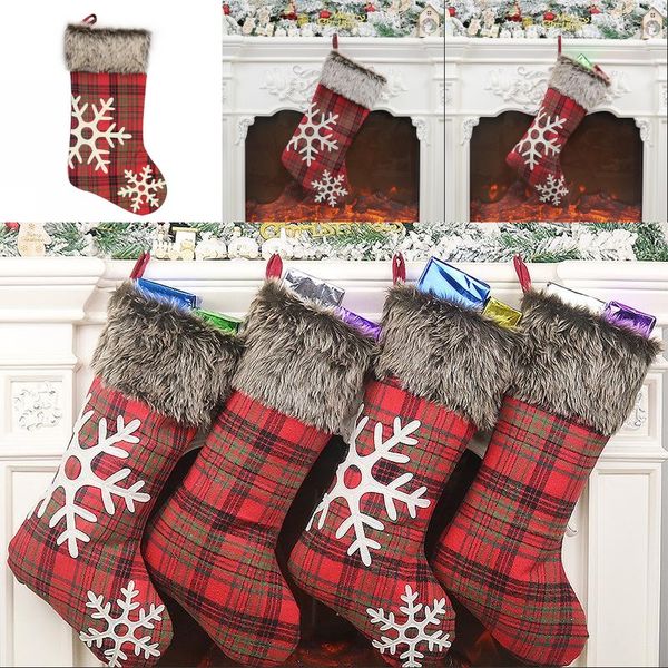 

2020 red xmas gift stocking bags ornaments snowflake plaid christmas tree pendant plush stripe fabric bags home decoration bag 9 2xd g2