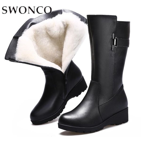

swonco women boots wool shear-ling ladies mid boots autumn winter wool boot snow shoes ladies 2020 wedges mid calf black winter