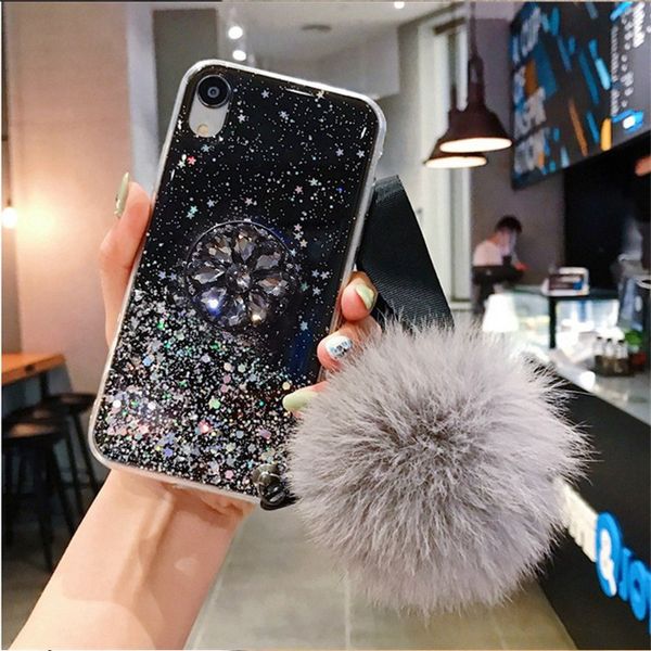 

43fg3d diamond holder diy stand glitter fur ball soft phone case iphone 11 max 6 7 8 plus x xr for samsung note 10 pro s8 s9