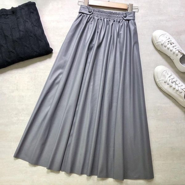 

skirts 2021 spring autumn pu faxu leather women's long buttons high waist vintage umbrella fashionable a-line female, Black