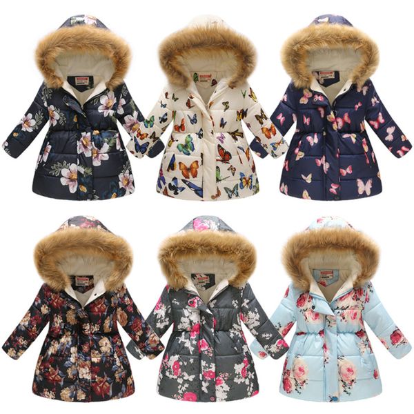 Ispessimento floreale Neonate Capispalla Farfalla Fiore Cappotto con stampa leopardata Abbigliamento invernale per bambini Giacca con cappuccio 36 colori