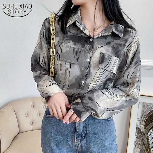

korean loose blouse women single breasted vintage hong kong style ink printed long sleeve women's shirt streetwear 11875, White