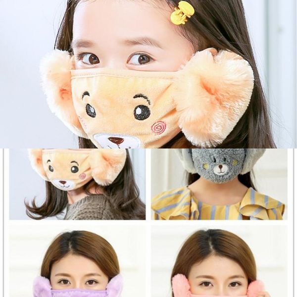 

outleta0ztface 2 in 1 child cartoon mask bear cover plush ear protective thick warm kids masks winter mouth-muffle earfl