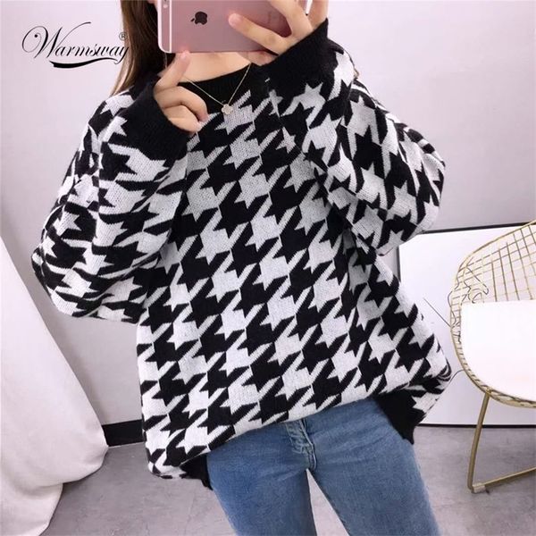 

fall winter women's sweater o-neck long sleeve loose irregular thousand bird pattern thick warm casual knitted jumper c-223-3 201225, White;black