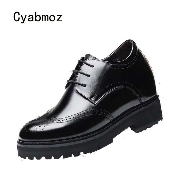 

cyabmoz men shoes genuine leather height increasing invisibly elevator shoes 12cm plaid carving man dress wedding party, Black