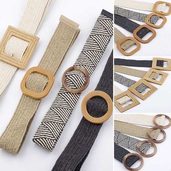 

vintage wax rope straw elastic braided wide belt big round square buckle knitted waist belt 95cm women casual jeans dress belts, Black;brown
