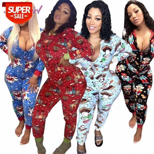 

casual cartoons print long sleeve deep v neck skinny christmas jumpsuit women night party outfit rompers warm pajamas jumpsuit #fz6d, Black;white