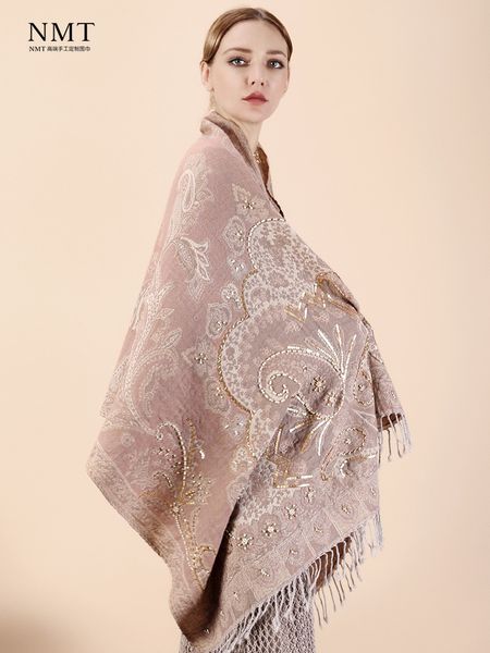 

autumn and winter warm wool scarf women's versatile cheongsam dress shawl indian hand embroidered champagne color, Blue;gray