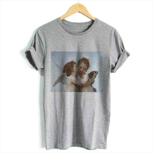

2020 korean fashion kawaii angel print women t shirts loose short sleeved o neck casual vogue tumblr pink harajuku tees, White