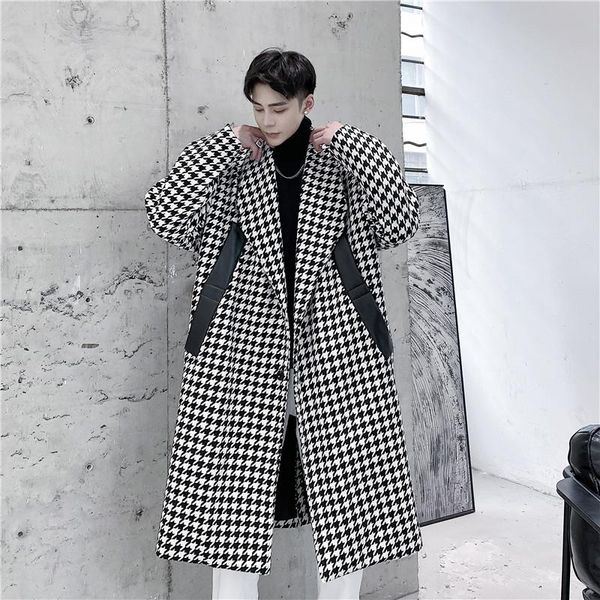 

men autumn winter casual loose wool thicken houndstooth plaid long trench coat overcoat male women streetwear jacket outerwear, Black