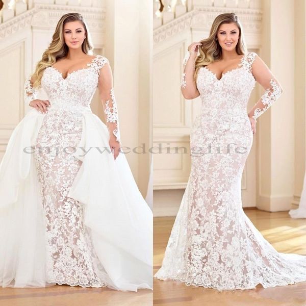 

modest plus size mermaid wedding dresses with detachable train long sleeve full lace appliqued bridal dress v neck wedding gowns bc4351, White
