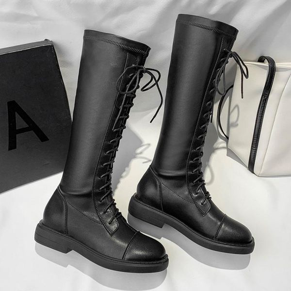 

boots fashion women cross-strap pu leather knee-high round toe autumn and winter sock botas female casual motorcycle footwear, Black