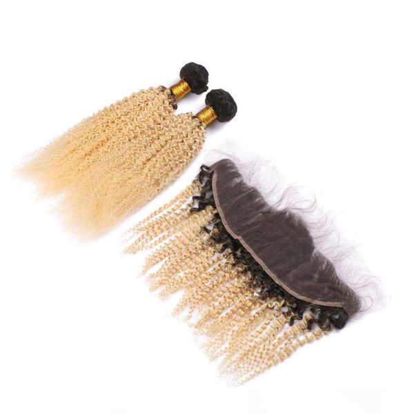 

kinky curly 1b 613 blonde ombre 13x4 full lace frontal closure with weaves 2bundles of blonde ombre peruvian human hair weaves with frontal, Black