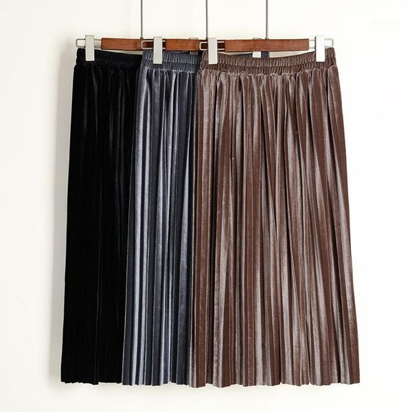 

winter gold velvet casual pleated skirt women 2020 autumn basic pleated skirt womens basic elegant midi long a- line lady1, Black