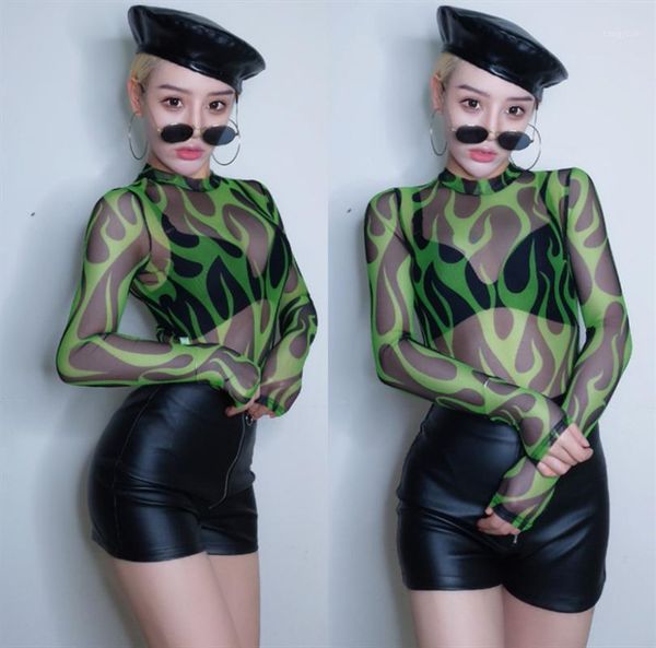 

nightclub bar ds costume female singer dj pold dance clothes green flame perspective mesh shirt outfits rave wear dn46021, Black;red