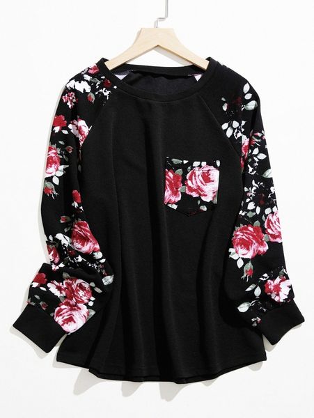 

plus floral print raglan sleeve pocket front pullover t2ag#, Black