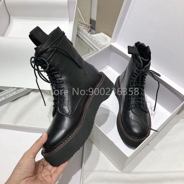

genuine leather lace up shoes round toe flat heel luxury designer platfrom combat women ankle boots, Black
