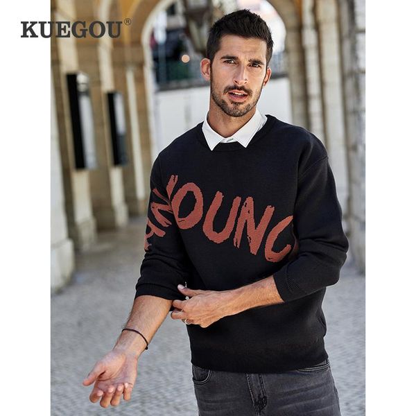 

kuegou 2020 autumn letter black sweater men pullover casual o-neck jumper for male fashion brand knitted plus size clothes 9139, White;black