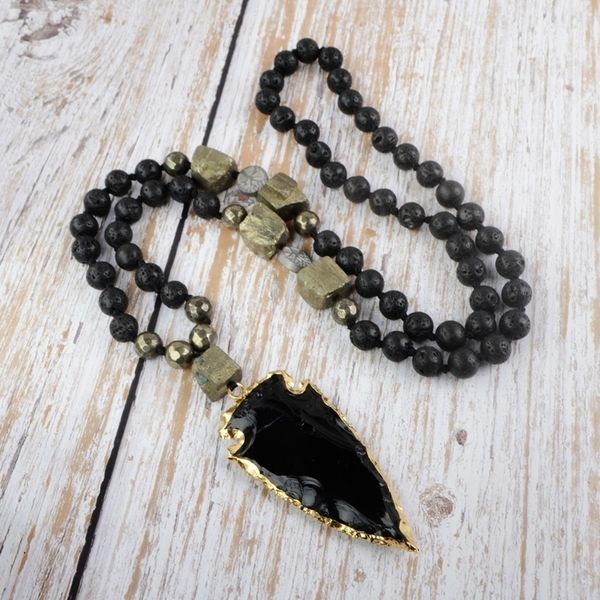 

black obsidian women necklace raw pyrites with gilded arrowhead pendant necklace girls beads lariat necklace dropshipping 201014, Silver