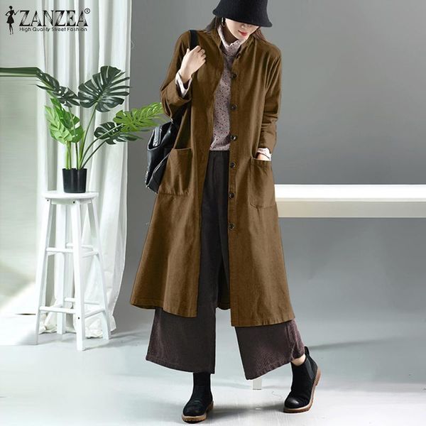 

women vintage corduroy jackets autumn long sleeve solid thin long coats zanzea retro lapel neck pockets outwear casual cardigan, Black;brown