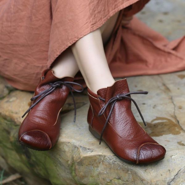 

boots women leather flat heels autumn shoes for black sock ankle genuine leather100 soft retro handmade