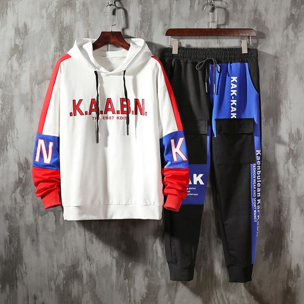 

men's two pieces streetwear sets men patchwork sportswear tracksuit hip hop sweatshirts sweatpants white hoodie men, Gray